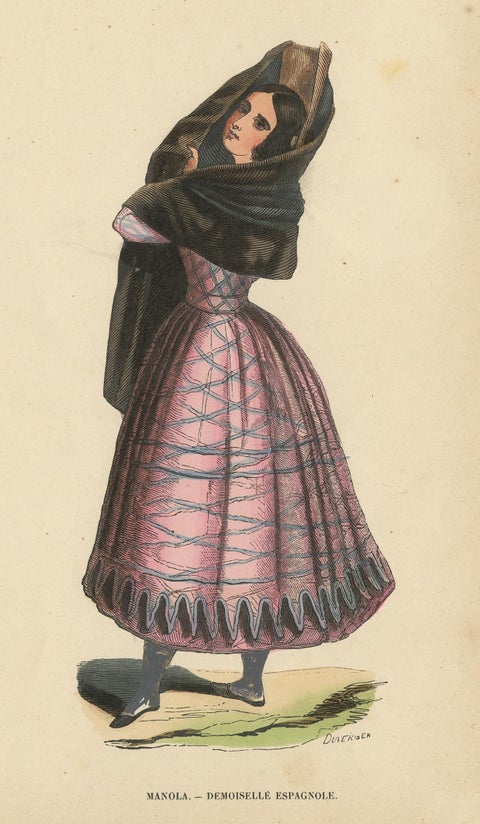 Antique Costume Print of a Lady in Traditional Spanish Costume by Wahlen, 1843, view 2