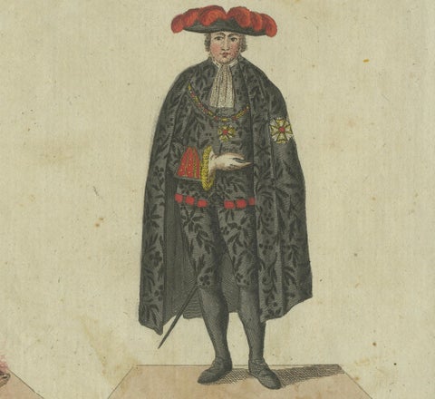 18th-Century Aristocratic and Ceremonial Attire: Handcolored Engraving of 1805, close-up 1