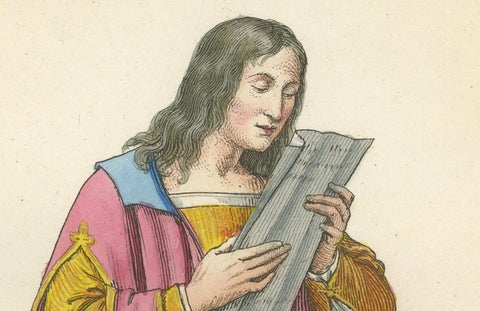Antique 1845 Hand-Colored Engraving of Medieval Singer in Pink Robe, France, close-up 3