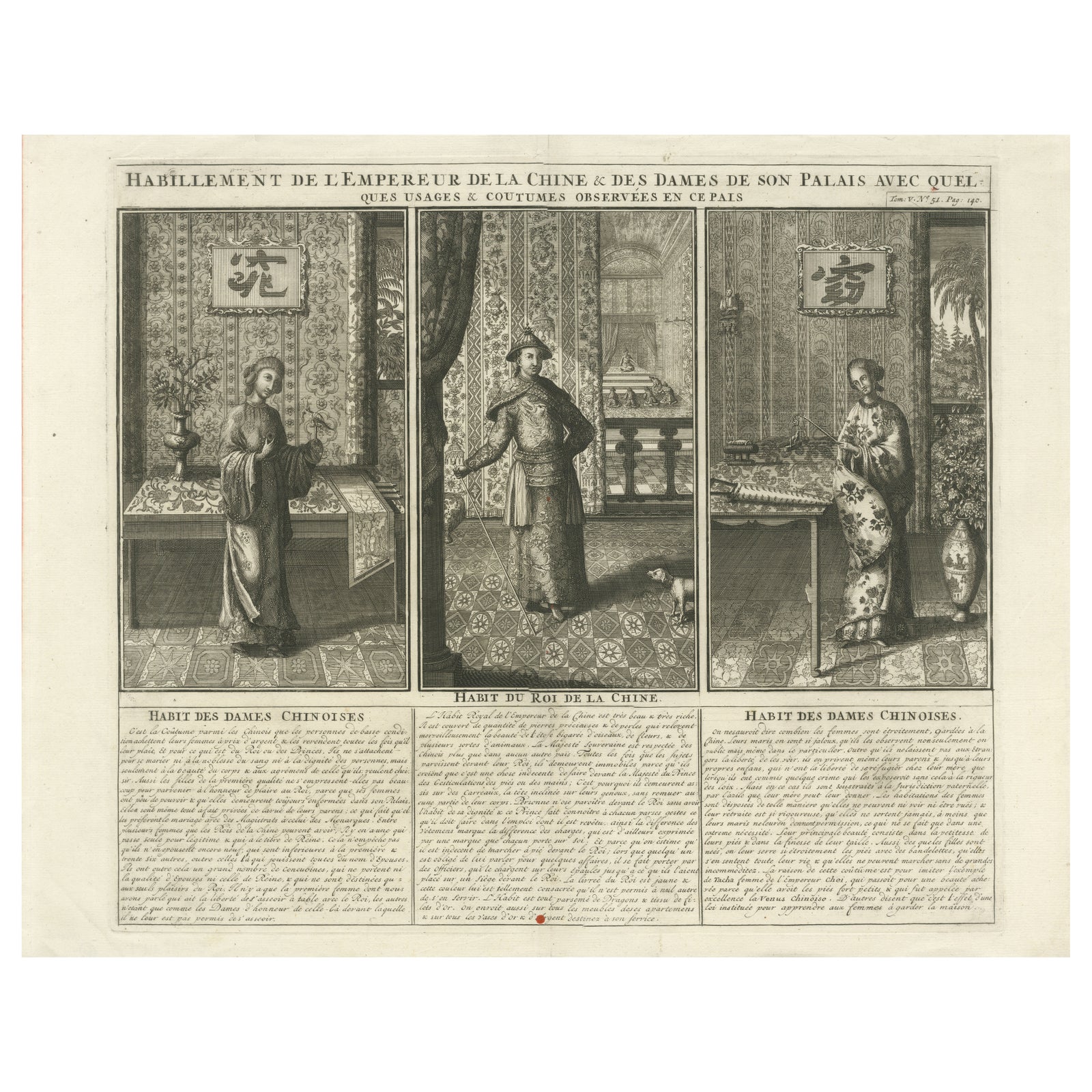 Antique Chinese Court Costume Engraving, Emperor & Palace Ladies, ca.1720