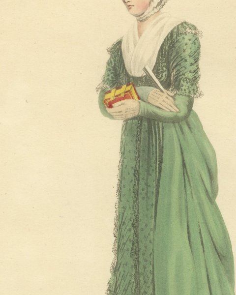 Lady of Rotterdam in a Green Gown, Antique Ackermann Print, 1817, close-up 3