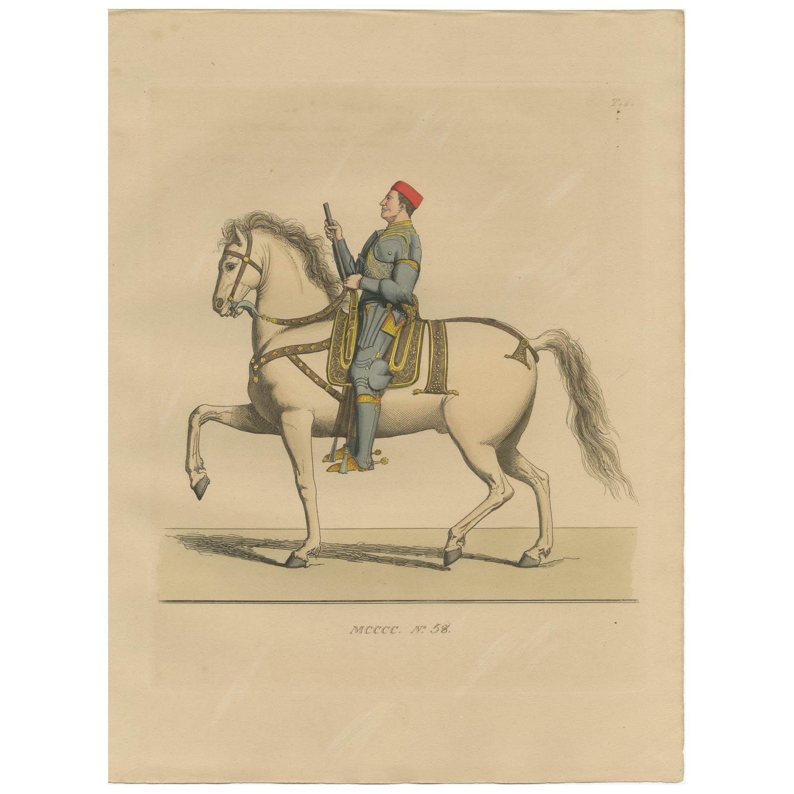 Military Costume of Jordan Orsini, Roman Nobleman on Horseback, Published 1845
