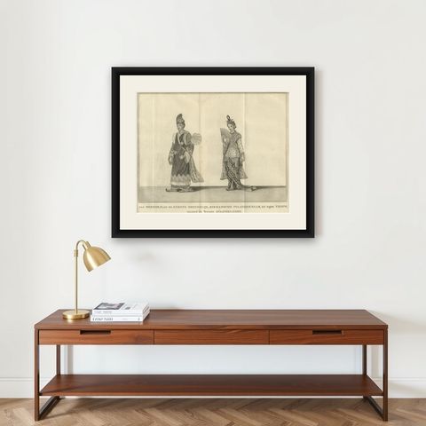 Royal Burmese Official & His Wife in State Attire, Antique Costume Print, c1800, shown framed on a wall