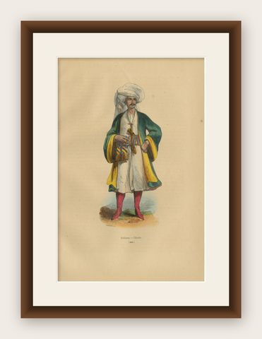 1844 Lithograph of a Bukharan Uzbek: Traditional Attire and Craft, shown framed