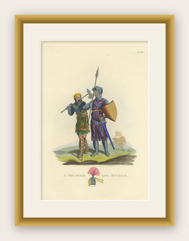 Antique Print of a Soldier and Knight, 1842, shown framed