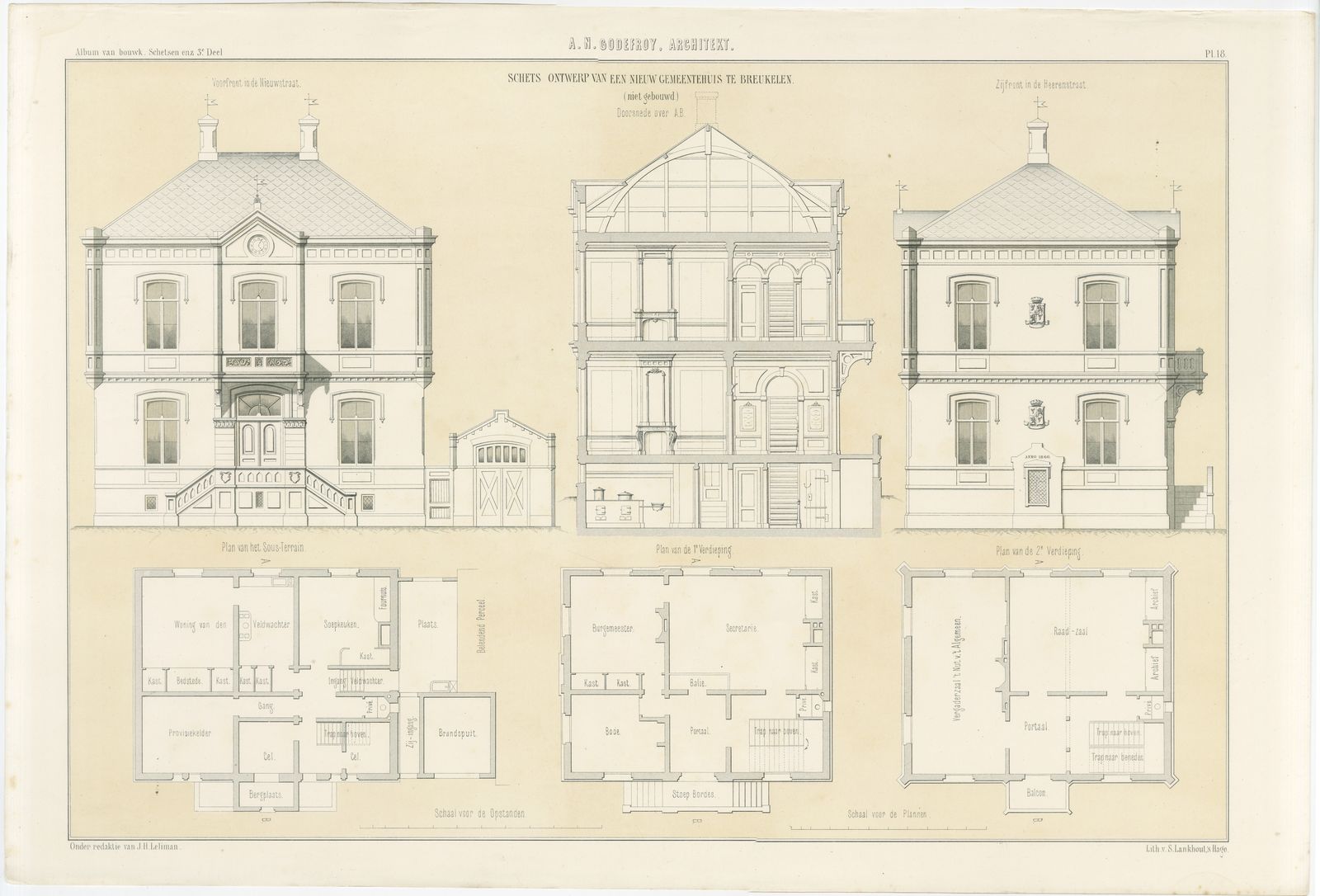 Unbuilt Breukelen Town Hall Design, Dutch Architecture Print, Leliman, 1865-1866