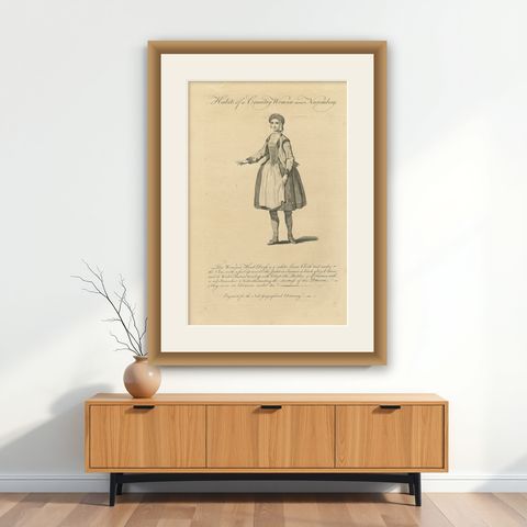 Country Woman near Nuremberg, Germany, Antique Costume Engraving, c.1795, shown framed on a wall