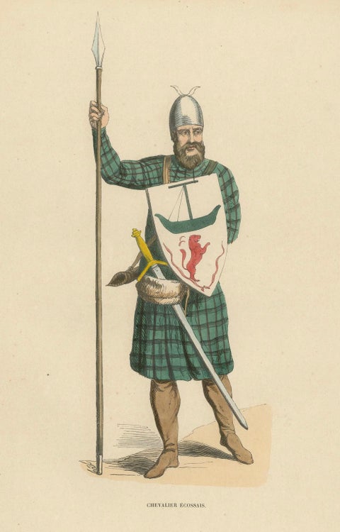 Scottish Knight in Tartan Attire with Heraldic Shield, Costume Di Moyen Age 1847, close-up 4