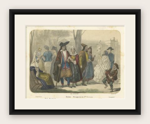 French Regional Costumes, Bretons, Parisians and Savoyard, c.1845, shown framed