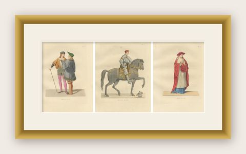 Renaissance Italian Figures: Pages, Cavalier, and Cardinal in Costume, 1845, shown framed