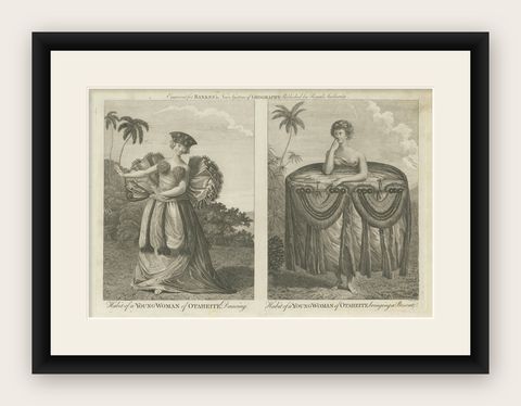 Tahitian Costume Engraving Pair, Otaheite Women, Pacific Voyages, c.1790, shown framed