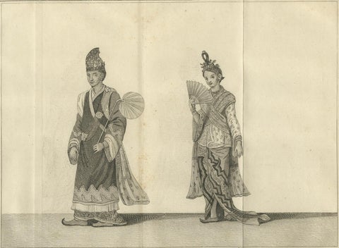 Royal Burmese Official & His Wife in State Attire, Antique Costume Print, c1800, close-up 6