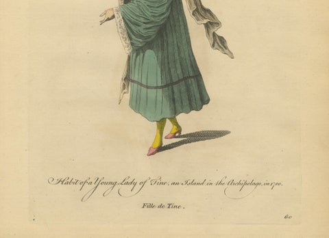 Antique Costume Print of a Young Lady of Tine, Greek Islands Engraving, 1749, close-up 3