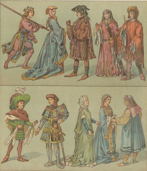 Burgundian Renaissance-Era Costume, 15th Century Antique Print, Published c.1880, close-up 2