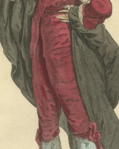 English Gentleman in 1640, Crimson Suit and Black Cloak, Jefferys Print, 1757, close-up 2
