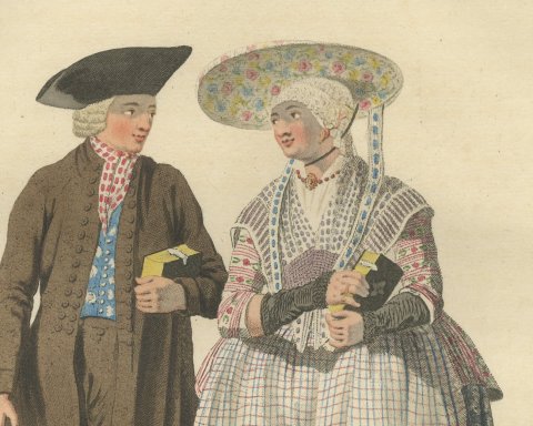 Frisian Couple after the Sermon, Dutch Costume Print, 1811, close-up 1