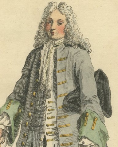 English Gentleman about 1700, Periwig, Cane and Tricorn, Jefferys Print, 1757, close-up 1
