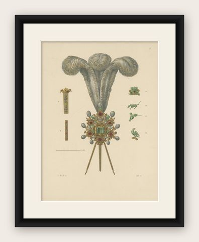 Antique Print of Hat Jewelry with Feathers by Hefner-Alteneck '1890', shown framed