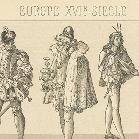 Pl. 58 Antique Print of European 16th Century Costumes by Racinet, close-up 1