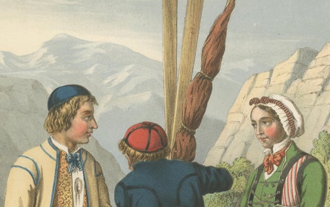 Norwegian Boatmen and Women in Sogn Costume, Scenic Folk Illustration, c.1860, close-up 3
