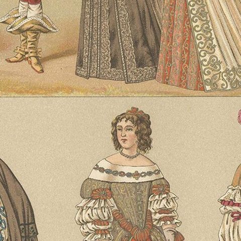 Pl. 102 Antique Print of French 17th Century Costumes by Racinet, circa 1880, close-up 2
