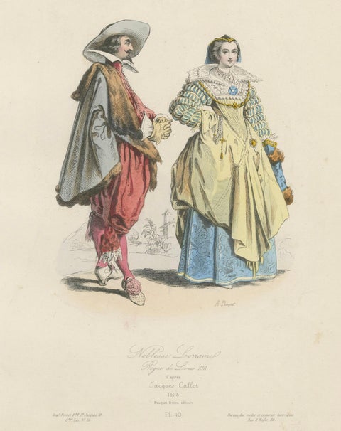Antique French Costume Prints of Nobles from Lorraine, 1625, Published c.1860, close-up 1