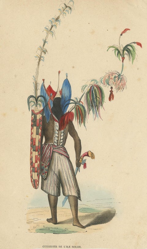 Antique Costume Print of a Warrior of Solor Island by Wahlen, '1843', view 2