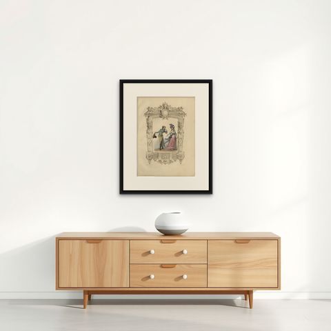 French Louis XVI Promenade Costume Lithograph, 1792, Published 1847, shown framed on a wall
