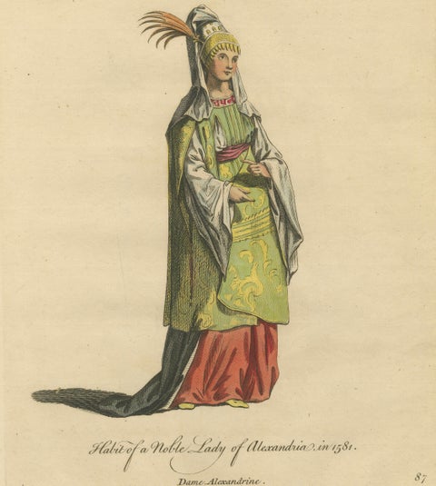 Habit of a Noble Lady of Alexandria in 1581, Elegant Ottoman Costume Print, 1749, close-up 2