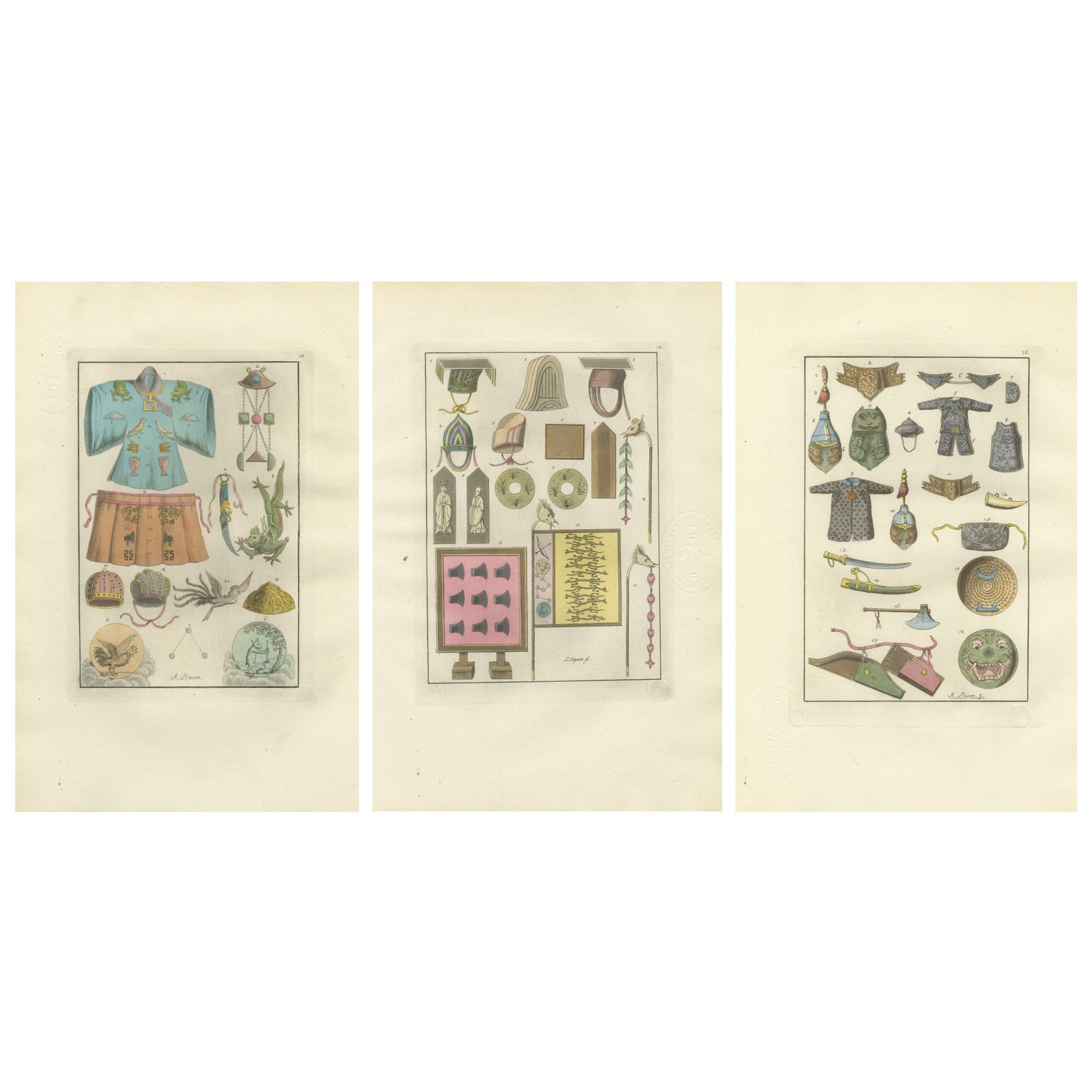 Set of Three Antique East Asian Costume & Arms Plates, Ferrario, 1815