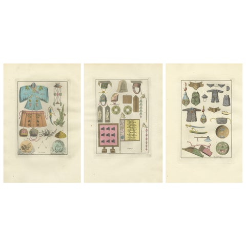 Set of Three Antique East Asian Costume & Arms Plates, Ferrario, 1815