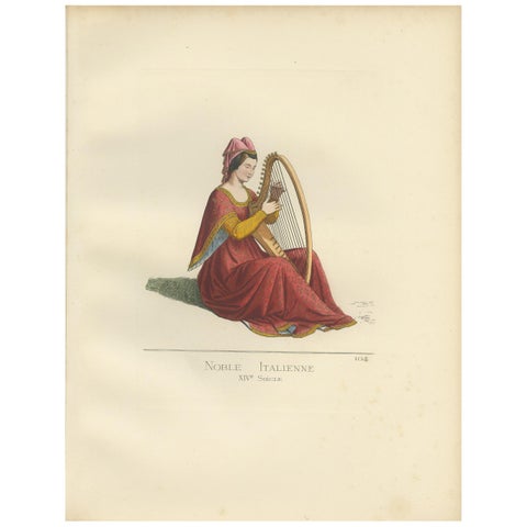 Antique Print of an Italian Noblewoman, 14th Century, by Bonnard, 1860