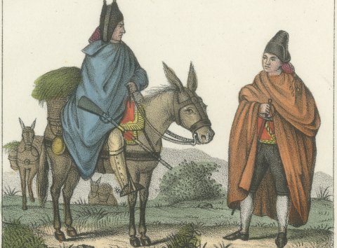Murcian Rider, Andalusian and Portuguese Merchant with Wife and Maid, 1842, close-up 1