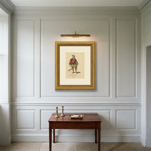 Swiss Magistrate in Red Cape with Curved Sword, Costume of 1577, Jefferys 1757, shown framed on a wall