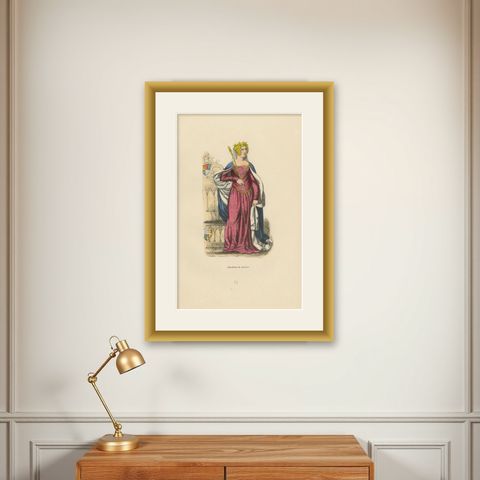 Queen Philippa of Hainaut in Ceremonial Attire, Costume Di Moyen Age, 1847, shown framed on a wall
