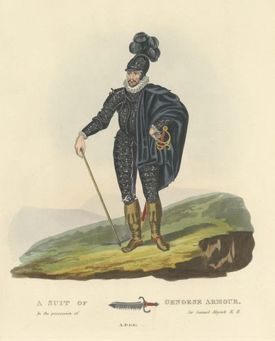 Old Print of Genoese Armor of Genoese Crossbowmen, 1842, close-up 1