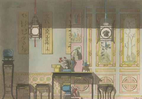 Chinese Nobleman’s Study Interior, Ferrario Costume Print, Hand-Colored c.1815, close-up 2