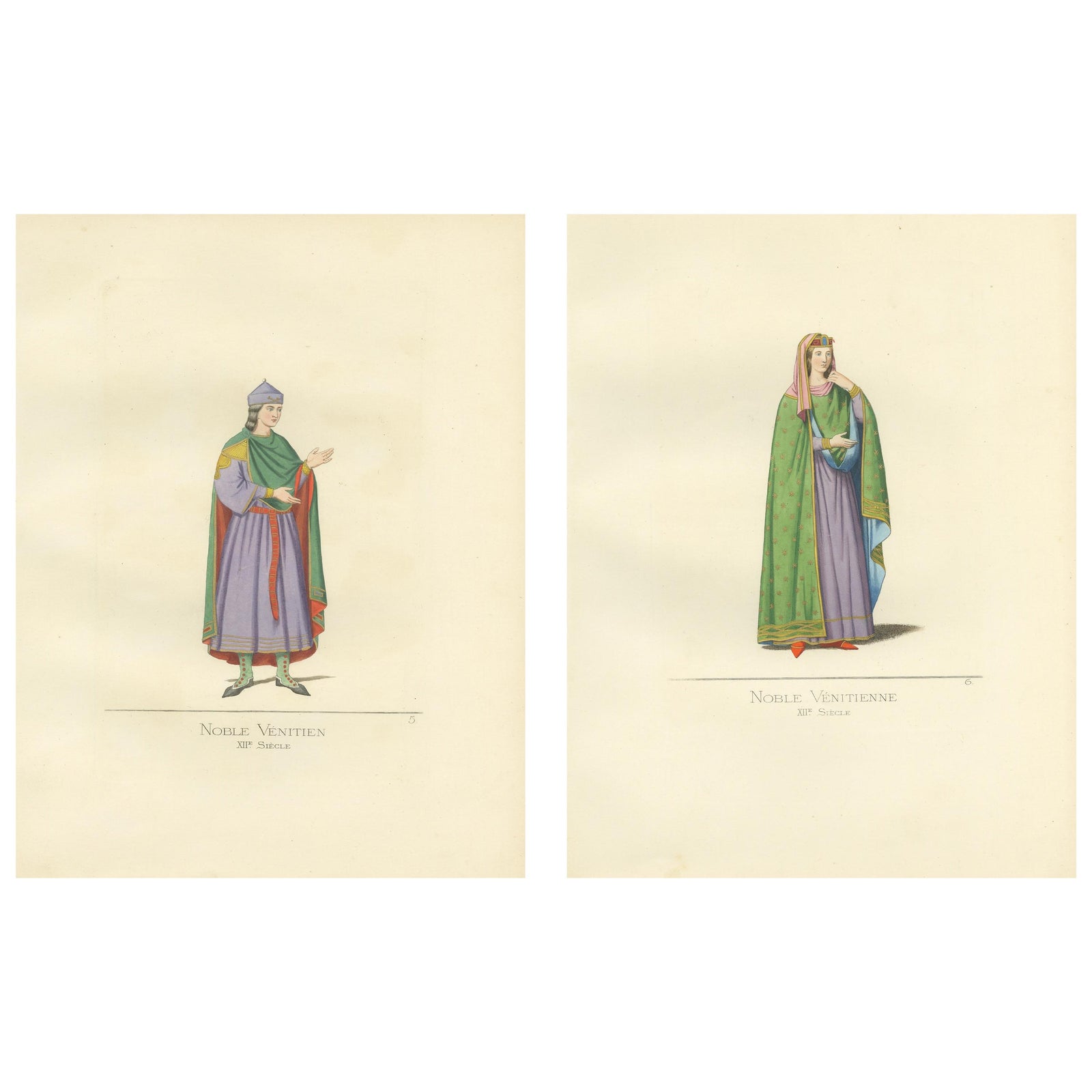 Antique Prints Set of 2, Venetian Nobleman and Noblewoman, 1860