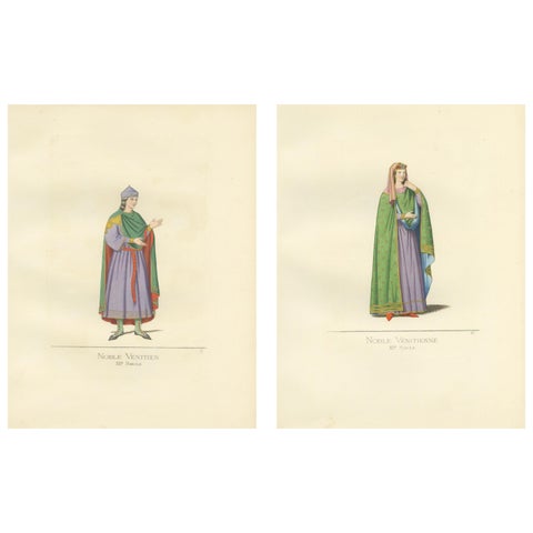 Antique Prints Set of 2, Venetian Nobleman and Noblewoman, 1860
