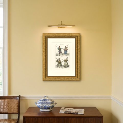 Male and Female Dancers of European Turkey, Hand Colored Lithograph, 1842, shown framed on a wall