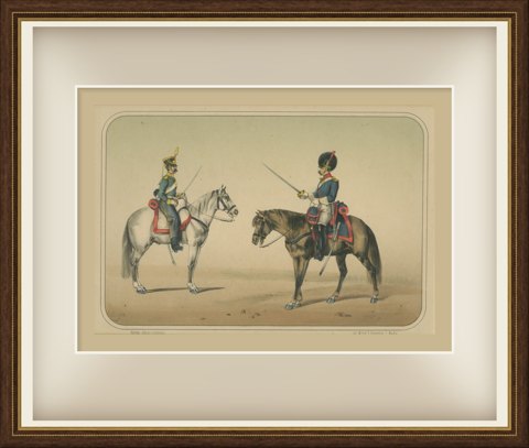Two Spanish Cavalrymen in Crested Helmet and Bearskin Cap, Villegas, 1861, shown framed
