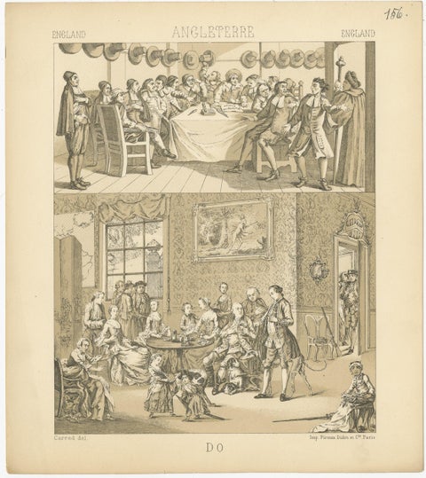 Pl. 156 Antique Print of English Scenes, Costumes by Racinet, 'circa 1880', view 3