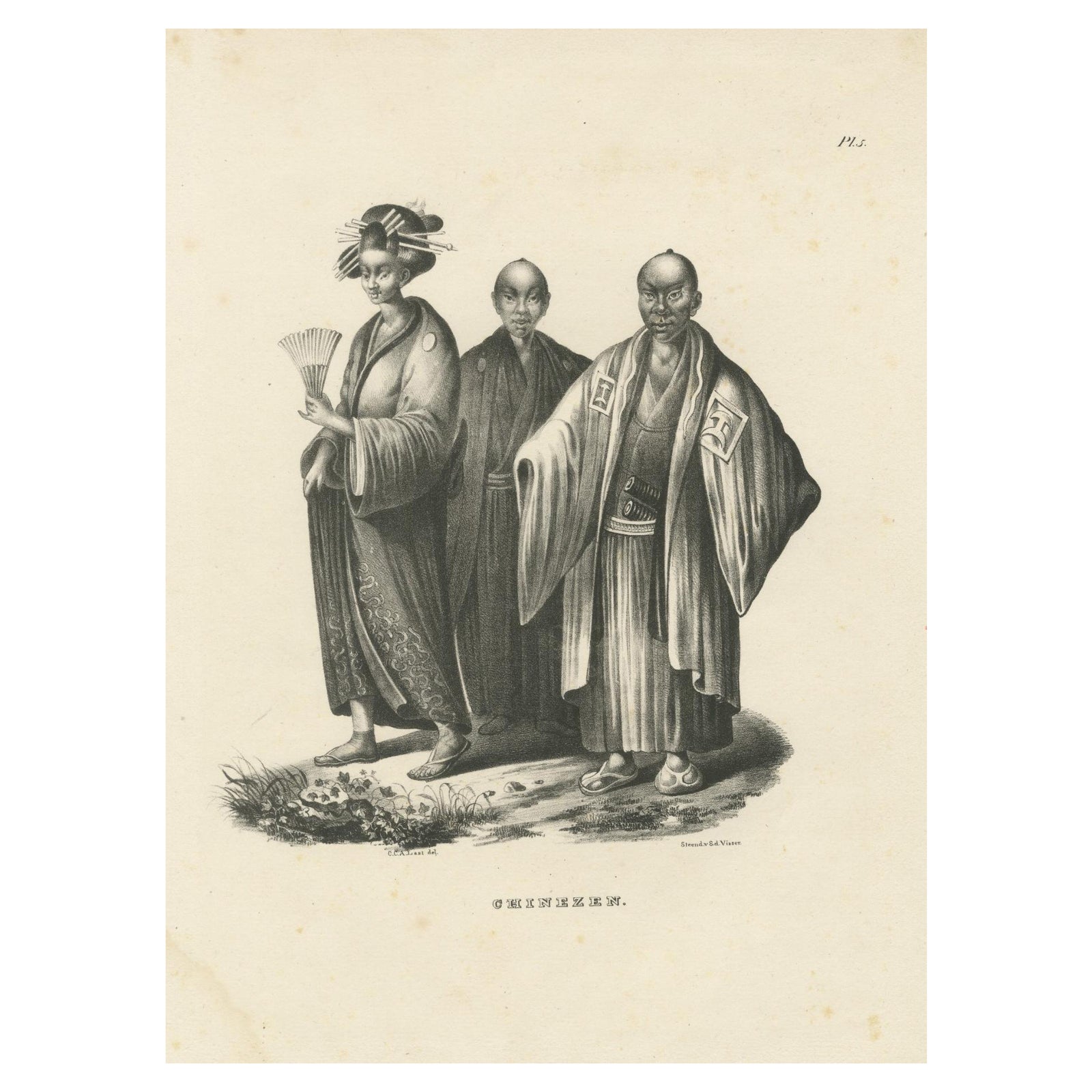 Antique Lithograph of Chinese Figures in Tradional Attire, Brodtmann 1827