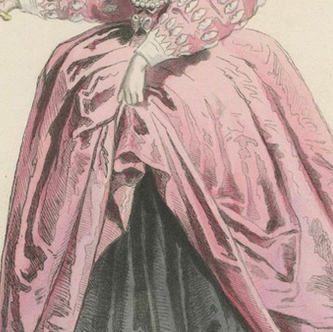 Antique French Costume Print of a Lady of the Court, Reign of Henri III, ca.1860, close-up 6