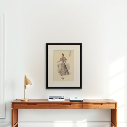 Refined Elegance: 1889 Fashion Lithograph by Michau, the Exposition Universelle, shown framed on a wall