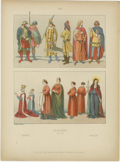 Italy 10th–16th Century, Set of Eight Antique Hand-Colored Costume Prints, 1880, view 2