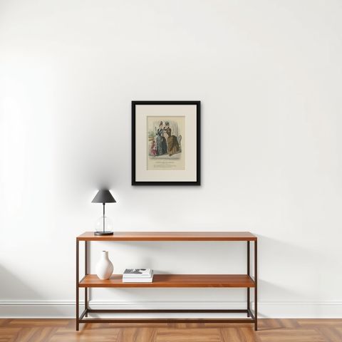 French Fashion Print, Interior Mirror Scene, Parisian Ladies, c.1887, shown framed on a wall