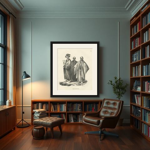 Chinese Figures in Traditional Attire by Karl Joseph Brodtmann, 1836, shown framed in a room