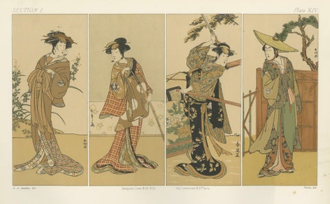 Antique Japanese Costume Print: Four Elegant Women in Edo-Period Kimono, 1882, close-up 4