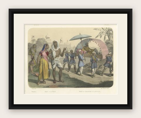 Indian Costumes, Bramin Couple, Bayadères and Nabob in Palanquin, c.1845, shown framed